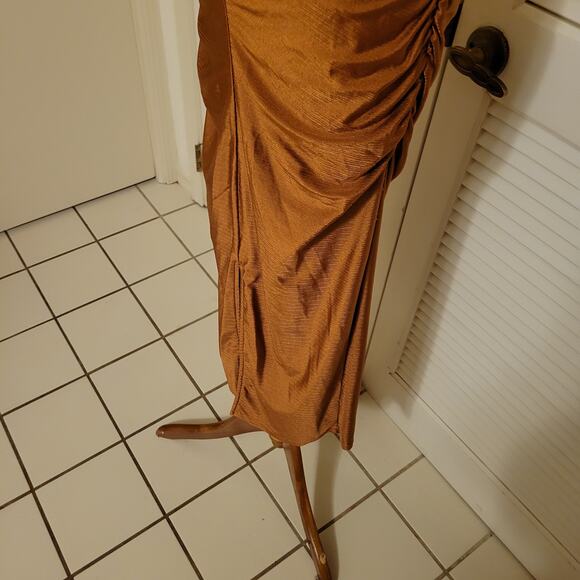 Ruched Strapless Satin Midi Dress Brown Lulu's Small Evening Cocktail - Picture 6 of 9